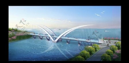 步行景观桥梁PSD效果图原创附带桥的平立面CAD图