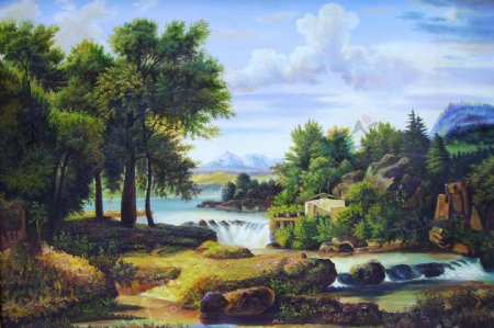 河流美景油画