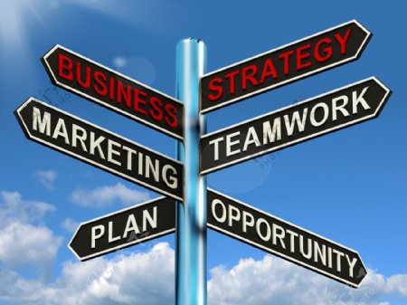 企业战略路标显示团队合作营销计划