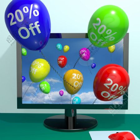 20从计算机显示百分之二十在线销售折扣的气球