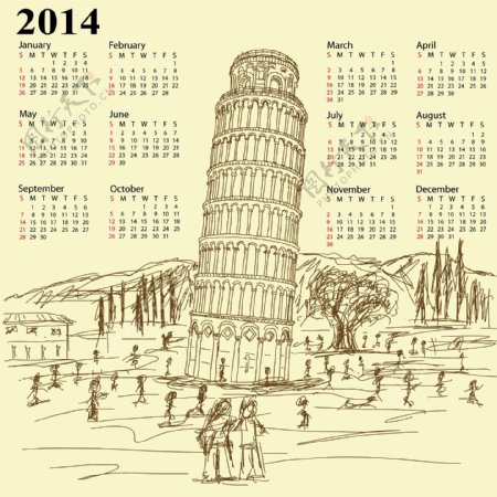 比萨斜塔的2014年份的日历