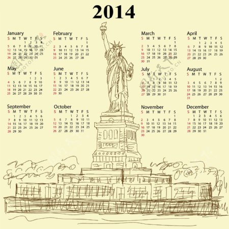 自由女神像2014年份的日历