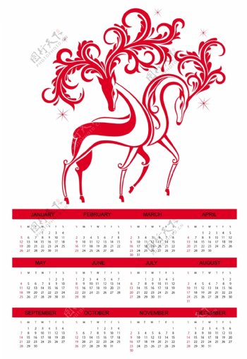 祥兽红白鹿挂牌月历图片素材