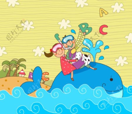 骑着鲸鱼航行的儿童