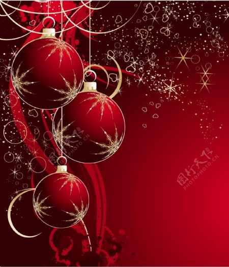 矢量圣诞节新年喜庆背景心形闪光星光红色挂球矢量素材