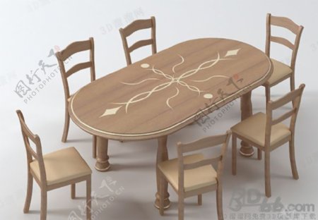 3D欧式实木餐桌椅组合模型