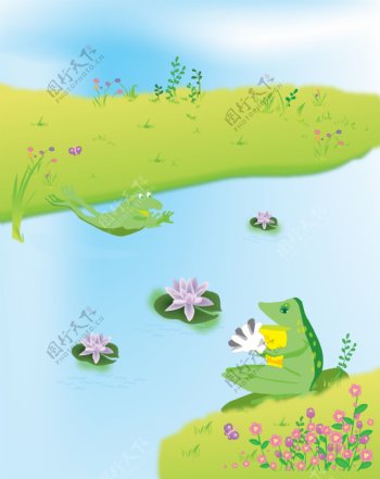 卡通风景池塘青蛙