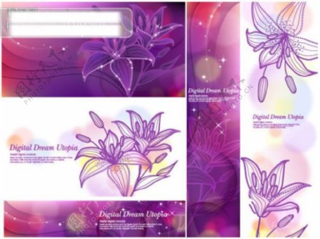 精美紫色百合花及梦幻背景矢量素材