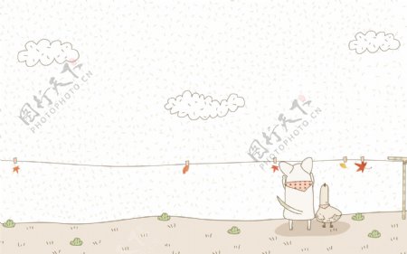 小狗和小鸡晒树叶淡彩手绘风格插画
