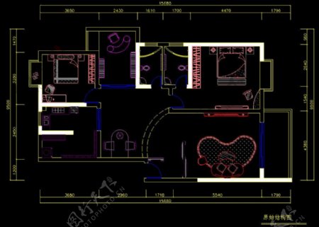 三居室CAD原始结构图源文件设计