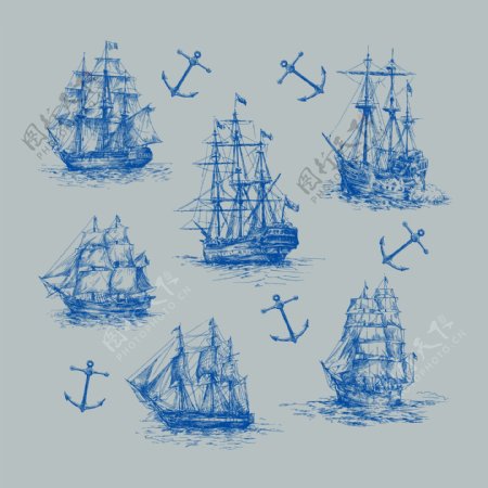 印花矢量图T恤图案交通工具帆船生活元素免费素材