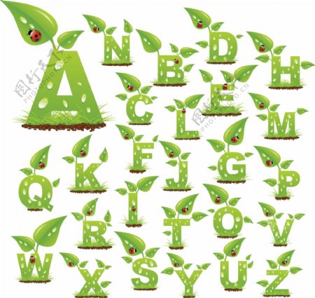 绿叶水珠装饰英文字母矢量素材