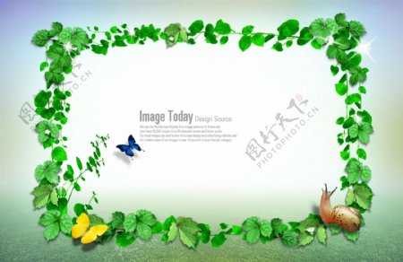 绿色植物方形边框和蜗牛蝴蝶