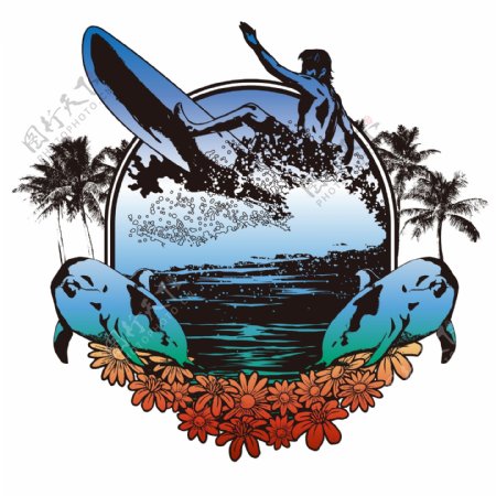 印花矢量图T恤图案徽章标记海洋植物免费素材