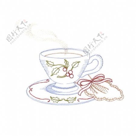 绣花生活元素圣诞节茶杯蝴蝶结免费素材