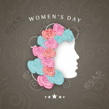三八妇女节贺卡或海报女孩的灰色背景装饰着五颜六色的鲜花插画设计
