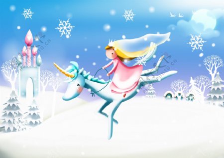 雪地上骑着小马的女孩