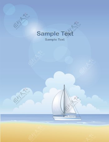 蓝天白云沙滩海洋帆船图片