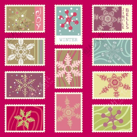冬天下雪主题邮票矢量素材