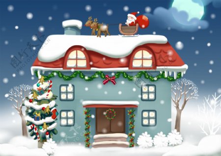 冬季雪中的房屋和圣诞老人