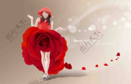 红玫瑰花裳美女图片素材