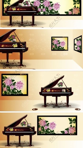 典雅钢琴和中国国画背景