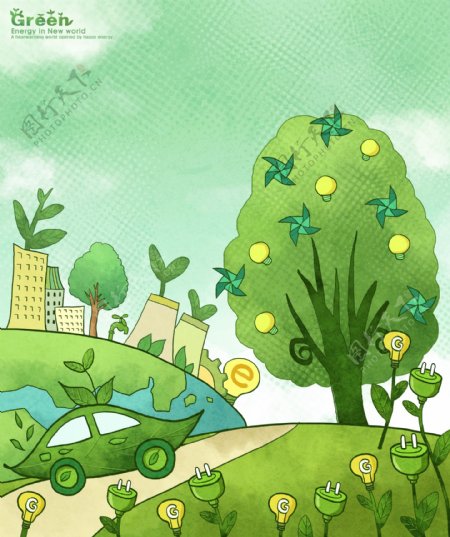 绿色大树和汽车插画