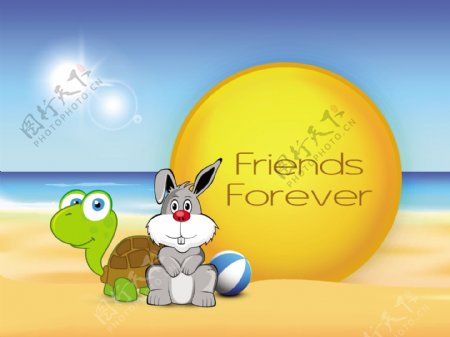 情人节快乐的概念乌龟和兔子和文本的永远的朋友