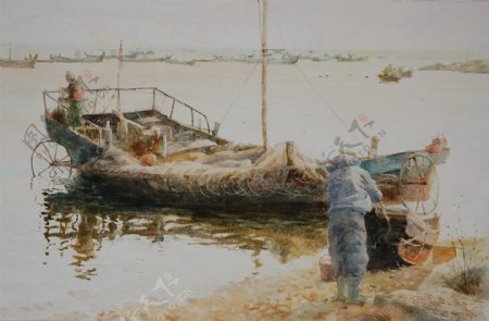 油画渔船图片