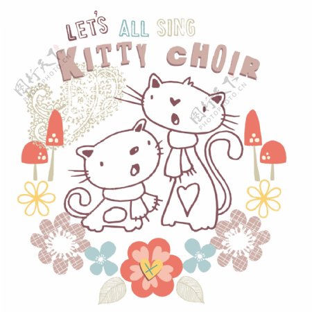 印花矢量图婴童T恤图案动物小猫咪免费素材