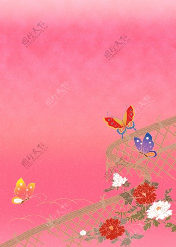 果红色蝴蝶牡丹背景图