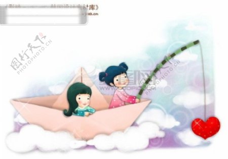 HanMaker韩国设计素材库背景卡通漫画可爱梦幻儿童孩子女孩童真纸船云彩