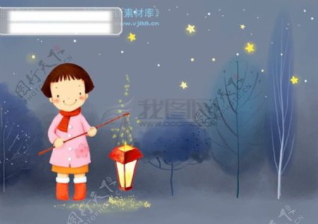 HanMaker韩国设计素材库背景卡通漫画可爱梦幻童年孩子女孩夜灯笼树林