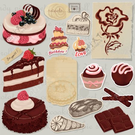怀旧巧克力蛋糕玫瑰标签贴纸图片