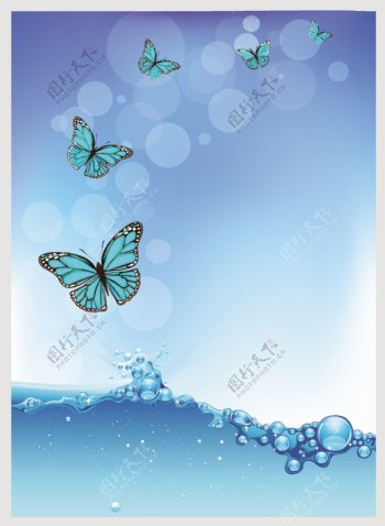 蓝色动感水珠水泡蝴蝶图片