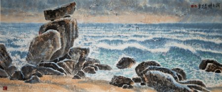 海边巨石风景画
