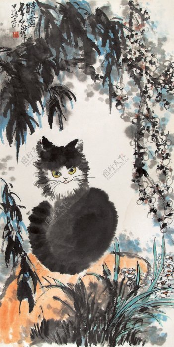 庞希泉现代国画猫与梅