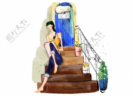 HanMaker韩国设计素材库背景漫画卡通淡彩人物女人楼梯