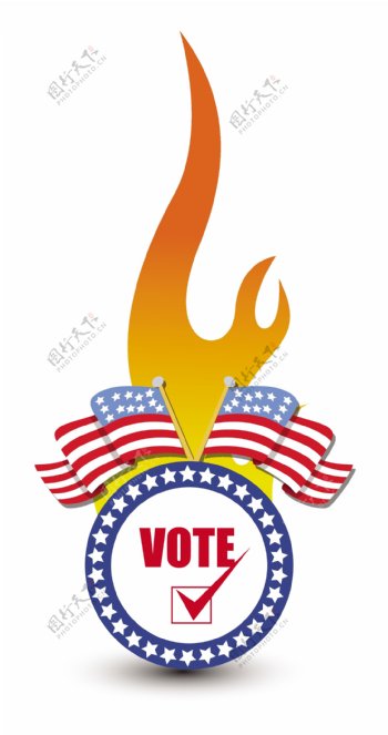 在一个燃烧的火焰的美国选举日投票的文本矢量插图徽章