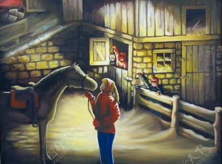 油画女孩儿与马的亲吻图片