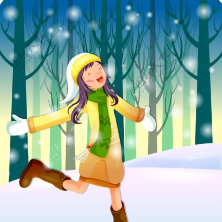 女孩在雪中开心的奔跑图片