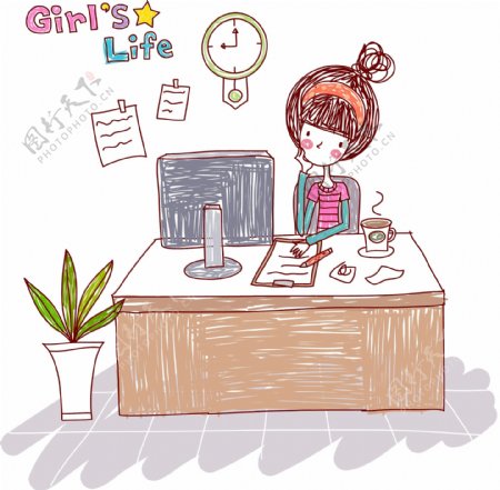 在电脑前写作的女孩图片
