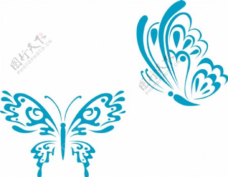 2个漂亮的蓝色纹身风格蝴蝶矢量
