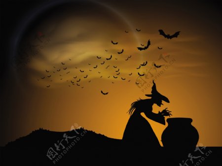 横幅或背景的鬼夜万圣节派对与女巫的剪影