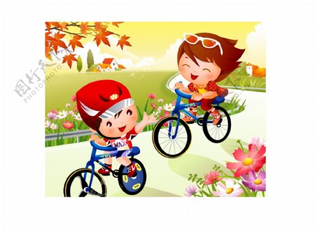 卡通儿童骑自行车