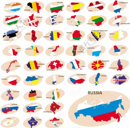 世界各国地形图国旗矢量素材