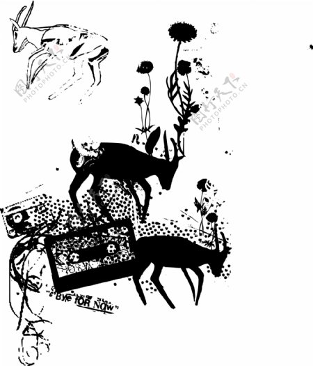 印花矢量图动物麋鹿色彩黑色免费素材