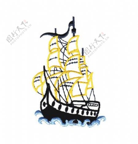 绣花帆船黑色金黄白色免费素材