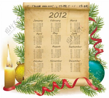 2012新年古老卷轴年历矢量图