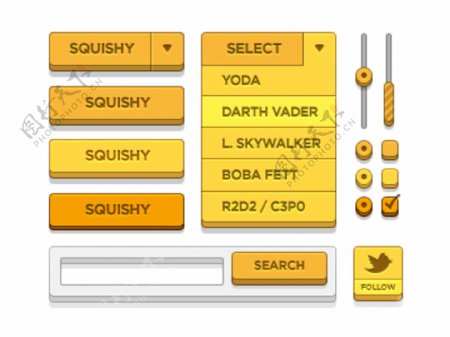 固体的3D黄色网站的用户界面工具包PSD